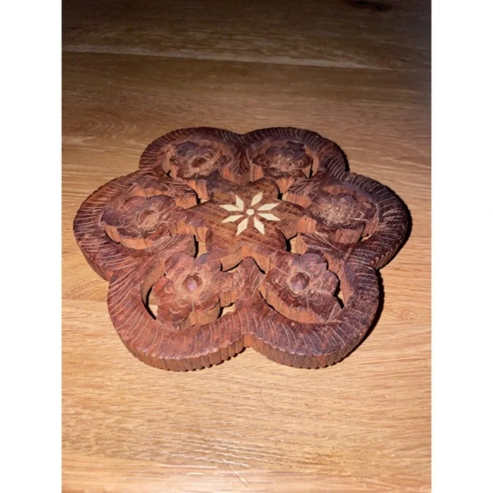 Vintage Hand Carved Wood Trivet Floral Inlay India‎ Boho Kitchen Decor